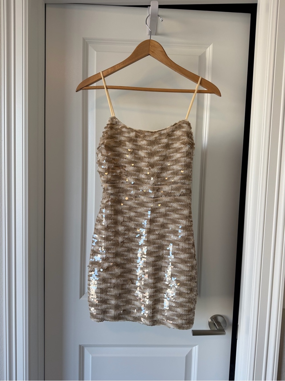 NBD Champagne Sequin Spaghetti-Strap Mini Dress